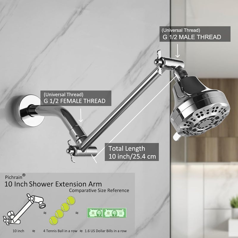 Pichrain Adjustable Shower Head Extension Arm, All Metal Shower Head Extender with Locking Nut, G1/2 Universal Connector for Fixed/Rain/Handheld Showerheads, Easy Installation (Chrome, 10 Inch) - Image 2